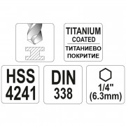 Свредло с титаново покритие за метал DIN 338 YATO, HEX, HSS-Tin